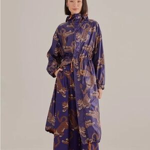 Farm Rio leopard draw cord maxi parka trench coat raincoat navy blue new M/L